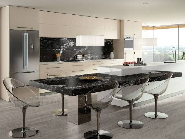 designer kitchen with perspex chairs