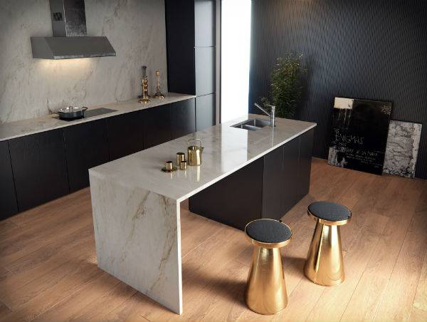 designer kitchen with gold accessories