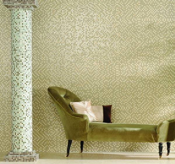 green mosaic tiles and chaise lounge