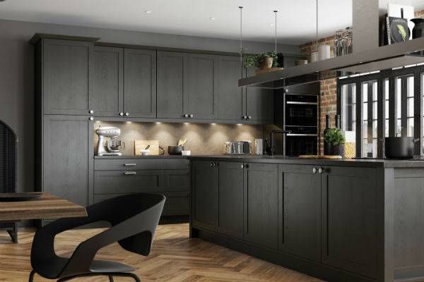 charcoal grey kitchen with wood floor